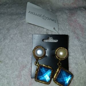 Gold and Blue Pearl Drop Earrings